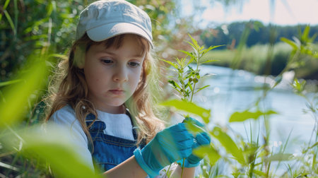A young girl happily explores a river with a magnifying glass, observing plants, water, and grass in the natural landscape while surrounded by people enjoying leisure activities in the meadow AIG50の素材