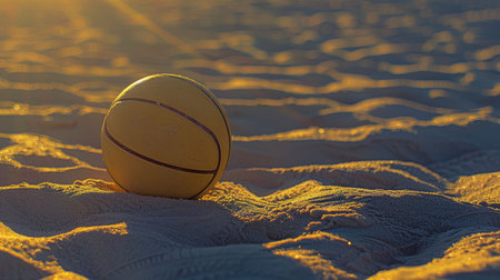 A volleyball rests atop a sandy dune overlooking the beautiful beach landscape, surrounded by aeolian landforms and hardwood flooring AIG50の素材
