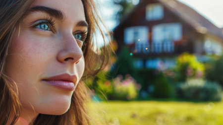 A woman with brown hair and eye shadow is standing in front of a house, looking up at the sun with a smile. Her eyelashes flutter in the light as she shades her eyes with sunglasses AIG50の素材