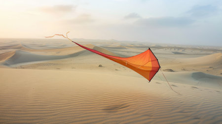 A red kite soars gracefully over a desert landscape in a painting, with cumulus clouds dotting the sky and adding to the atmosphere of heat and wind AIG50の素材
