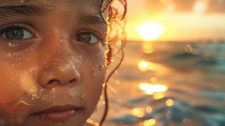 A close up of a young girls face with droplets of water on her nose, eyebrows, eyelashes, and mouth, at the beach. Her jawline and surfer hair glistening with liquid, exuding a happy and fun vibeの素材