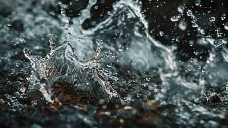 A close up of rain drops falling into a puddle, capturing the beauty of water and reflecting the natural landscape like grass and terrestrial plants AIG50の素材