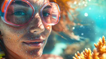 An organism wearing a diving mask for personal protective equipment is leisurely swimming underwater in the ocean, enjoying fun recreation in the electric blue water AIG50の素材