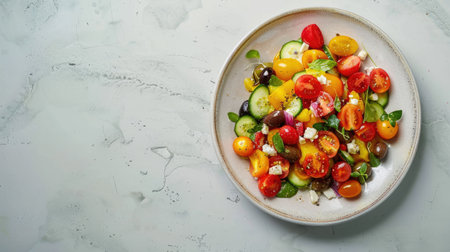A colorful dish of salad made with fresh tomatoes, cucumbers, olives, and feta cheese displayed on a table AIG50の素材