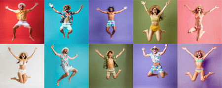 Summer people collection set, diverse people jumping on colorful background, many people funny jump wearing summer outfit fashion ready for swim and summer activity, summertime, beachwear AIG48の素材
