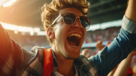 A fan is enthusiastically gesturing with her arms in the air, cheering in an electric blue hat at the entertaining competition event. AIG41の素材