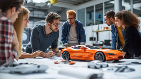 A group of people sharing a fun leisure event, sitting around a table, looking at a model car. AIG41の素材