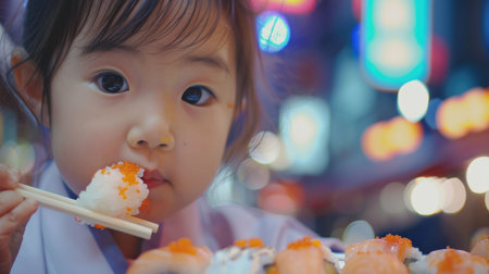 A toddler is happily sharing sushi with chopsticks, embracing the fun of experiencing new cuisine. The sweetness of the food craving brings joy to the event AIG50の素材