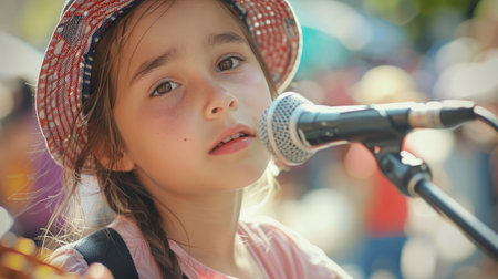 A happy toddler with blonde hair is smiling and holding a guitar at a leisure event, bringing joy and fun to the surroundings AIG50の素材