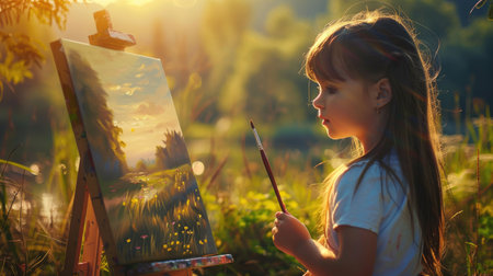 A young artist is painting a picture in a meadow, surrounded by a beautiful natural landscape. The grassland provides the perfect backdrop for her artistic expression AIG50の素材
