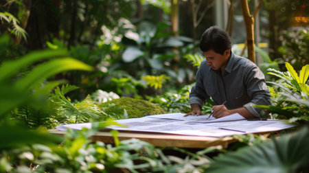 An overhead view of a landscape architect analyzing garden design plans amidst a lush green setting. AIG41の素材