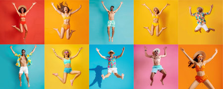 Summer people collection set, diverse people jumping on colorful background, many people funny jump wearing summer outfit fashion ready for swim and summer activity, summertime, beachwear AIG48の素材