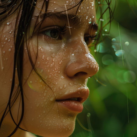 A closeup shot capturing the womans face with water drops on her nose, lips, chin, eyebrow, eyelash, and jaw. Her black hair contrasts beautifully with the green grass background AIG50の素材