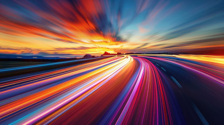 A vibrant magenta lens flare illuminates the electric blue automotive lighting on the car as it speeds down the highway at night, under a starry sky AIG50の素材