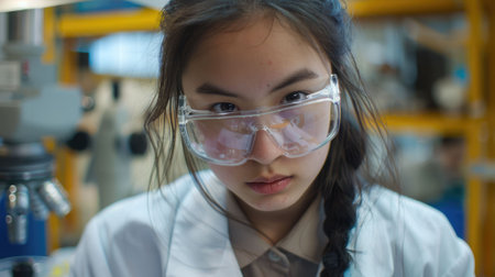The close up picture of the young female scientist is experimenting inside laboratory while wearing lab coat and safety goggle, the scientist require skill like research skill, analyze skill. AIG43.の素材