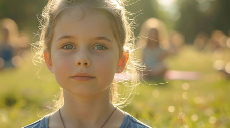 A young girl with curly hair is happily standing on the grass in the park. She is smiling, having fun, and enjoying her leisure time in nature AIG50の素材
