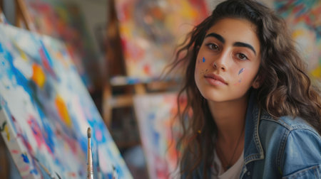 The close up picture of middle east artist drawing painting inside workshop that has been filled with colour, the artist require skill like creativity, colour theory, passion, art experience. AIG43.の素材