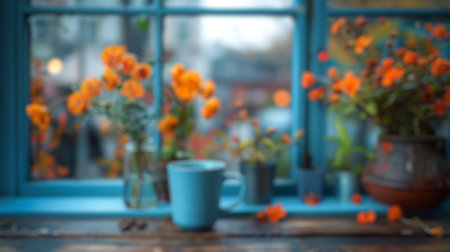 Blur background of branch with flower blooming and cup of hot coffee placed on wooden desk near window with garden view. Design for poster, invitation card. No people. Spring season concept. Spate.の写真素材