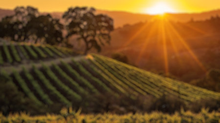 Blur background of vineyard at sunset with vibrant grapevine and rolling hill in evening sky. Agricultural and landscape photography. Wine country concept. Design for travel brochure, poster . Spate.の写真素材