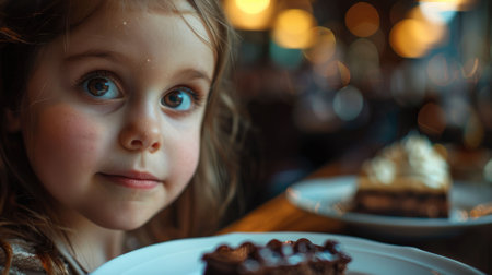 A young girl is enjoying a slice of chocolate cake using a fork. She is savoring the delicious dessert at an event, her bangs brushing against her eyelashes AIG50の素材