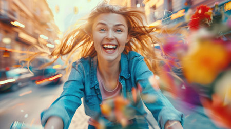 A happy woman is leisurely riding her bike down the grassy street, smiling and enjoying the fun outdoor recreation in the beautiful landscape AIG50の素材