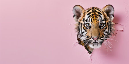 Close up view picture of the hollow pink hole on the the wall that show the tiger stay inside the wall that has been made from some material yet still can be break to look through other side. AIGX03.の素材