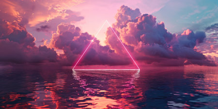 The great pinkish floating triangle beyond the ocean that surrounded with a lot amount of the tall cloud at the dawn or dusk time of the day that shine light to the every part of the picture. AIGX03.の素材