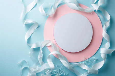 A front view of the isolated plate that has been placed on pink and blue background that decorated with pastel ribbon that can compile to the things like the celebration, festival or ceremony. AIGX03.の素材