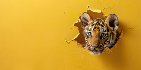 Close up view picture of the hollow yellow hole on the the wall that show the tiger stay inside the wall that has been made from some material yet still can break to look through other side. AIGX03.の素材