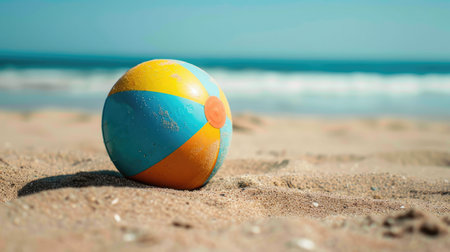 An electric blue beach ball rests on the sandy shore, adding a pop of color to the natural landscape surrounded by grass and soil. A fun fashion accessory for beach recreation AIG50の素材