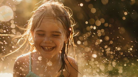 A happy little girl plays in a sprinkler, with a smile on her face and grass beneath her feet. Her eyes sparkle with joy, reflecting the sunlight, as people in nature watch her playful antics AIG50の素材