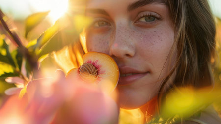 A happy woman with a smile on her face is enjoying a ripe peach in a field surrounded by tall grass and trees. Her eyelashes flutter with joy as she savors the natural fruit, having fun in natureの素材