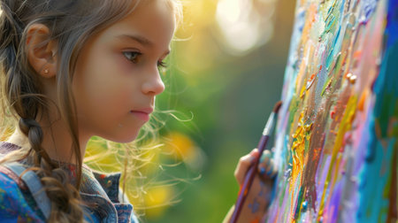 A child is joyfully creating art on a canvas with a brush, focusing on every detail like nose, cheek, eyelash, and iris, resulting in a happy smile AIG50の素材