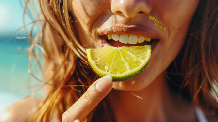 With a smile, she takes a bite of the sour lime, feeling happy as the juice drips down her chin. Her surfer hair flutters in the breeze, while the grass tickles her bare feet AIG50の素材