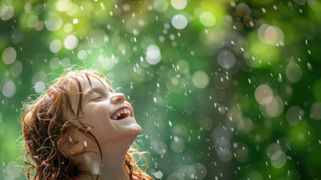 A little girl with grassstained hair and a smile on her face is happily playing in the rain, enjoying the sunlight and surrounded by nature AIG50の素材