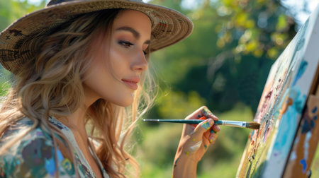 A woman with flowing hair and a happy facial expression is painting on an easel in a field, her mouth curved into a smile, eyelashes fluttering. The scene radiates fun and art at an outdoor eventの素材