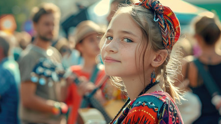 A happy toddler with blonde hair is smiling and holding a guitar at a leisure event, bringing joy and fun to the surroundings AIG50の素材