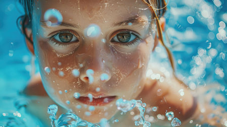 The little girl is gazing out of the window, nose pressed against the glass, watching the fluid movement of water in a swimming pool AIG50の素材