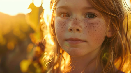 A happy girl with red Surfer hair and freckles is smiling at the camera, showcasing her freckled nose and jawline while her eyelashes stand out against her layered hair AIG50の素材