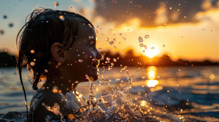 A young girl is happily swimming in the liquid landscape of the ocean at sunset, enjoying the fluid motions and reflections on the waters surface AIG50の素材