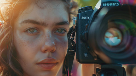 A woman is capturing the moment with her camera at a lively event, sharing the joy of leisure and recreation with a crowd of people AIG50の素材