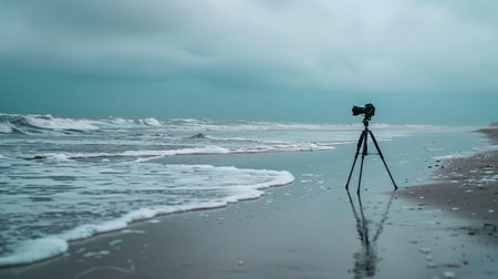 A camera is perched on a tripod, capturing the fluidity of water meeting the sky at the beach. Clouds dance across the horizon, creating a stunning landscape against the backdrop of this serene eventの素材