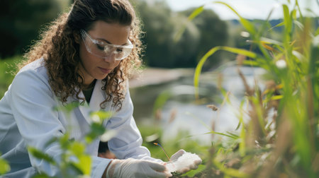 A female scientist in a lab coat is collecting a water sample from a river in a natural landscape, surrounded by trees, grass, and a clear blue sky AIG50の素材