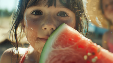 A young girl is smiling happily as she holds a slice of Citrullus in front of her face. Her eyelashes flutter with joy as she enjoys the natural fruit AIG50の素材
