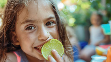 A happy little girl with freckles is enjoying a slice of lime, savoring its tangy flavor. She sits on the grass, embracing the natural food and sharing it with joy AIG50の素材