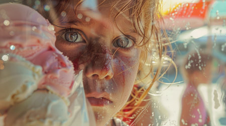 A happy toddler with a rainbow umbrella is smiling at the camera. She enjoys leisure time outdoors at a fun event, surrounded by a crowd AIG50の素材