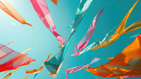 Fluid electric blue ribbons dance in the wind against a peachcolored sky, a masterpiece of nature resembling a painting inspired by marine biology AIG50の素材