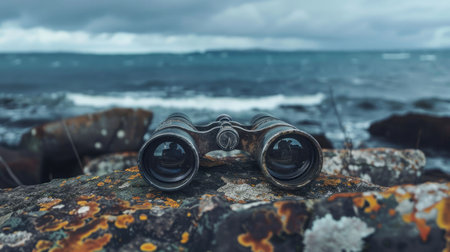 A pair of binoculars rests on a sturdy rock overlooking the ocean, where wind waves crash against the rocky shores and liquid water meets solid bedrock AIG50の素材