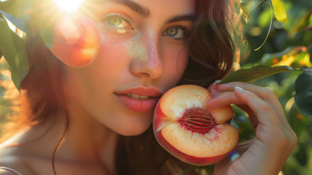 A happy woman with a smile on her face is enjoying a ripe peach in a field surrounded by tall grass and trees. Her eyelashes flutter with joy as she savors the natural fruit, having fun in natureの素材