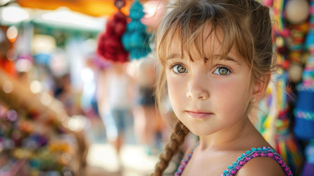 A happy toddler with sunglasses and goggles on her head, smiling at the camera while enjoying leisure time at the carnival AIG50の素材